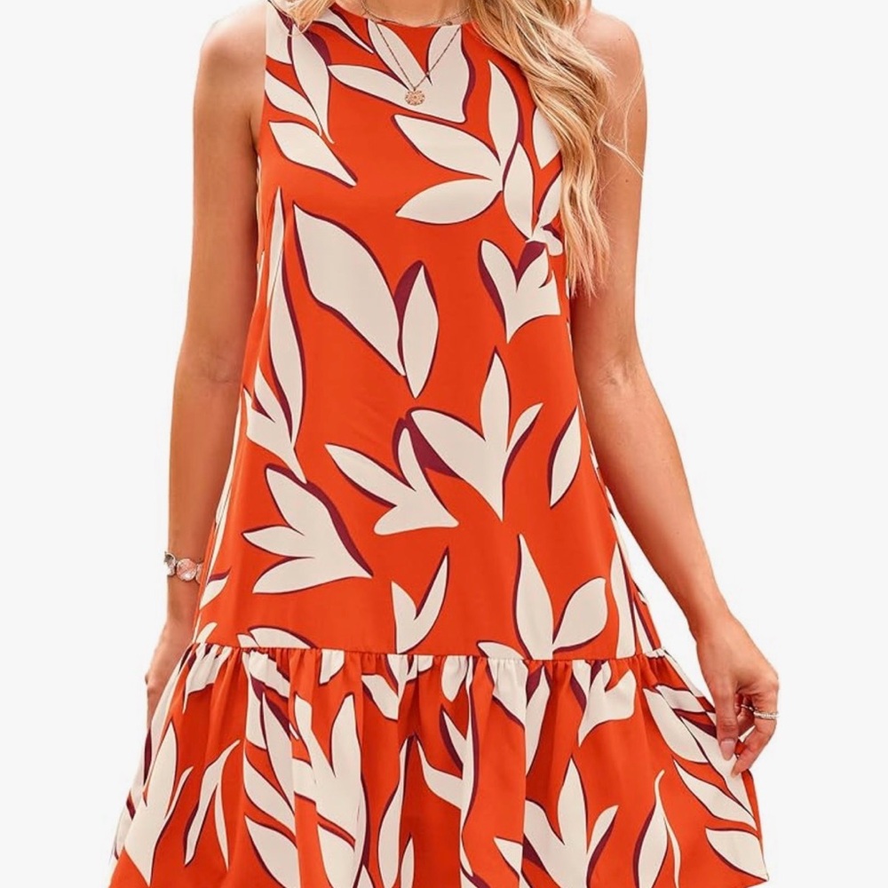 Vibrant Orange Leaf Pattern Mini Dress